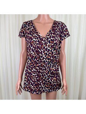 NWOT Morena Wrap Top Blouse Women Abstract Print V-Neck Short Sleeve Stretch LG